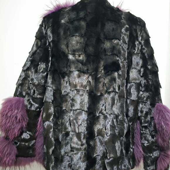 Genuine Sectioned Black Mink Fur Jacket Coat Purple Raccoon Collar Cuffs No Fox - Picture 4 of 6